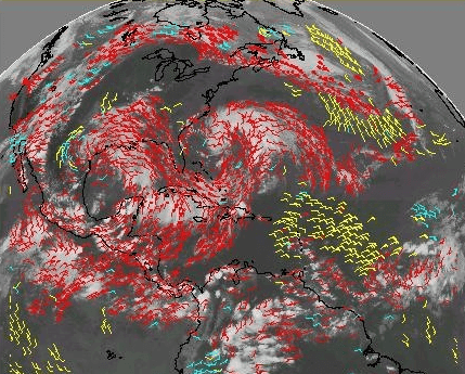 Satellite cloud imagery overlaid with wind vectors