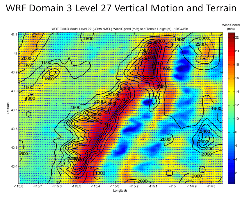 WRF model output of wind speed over complex terrain