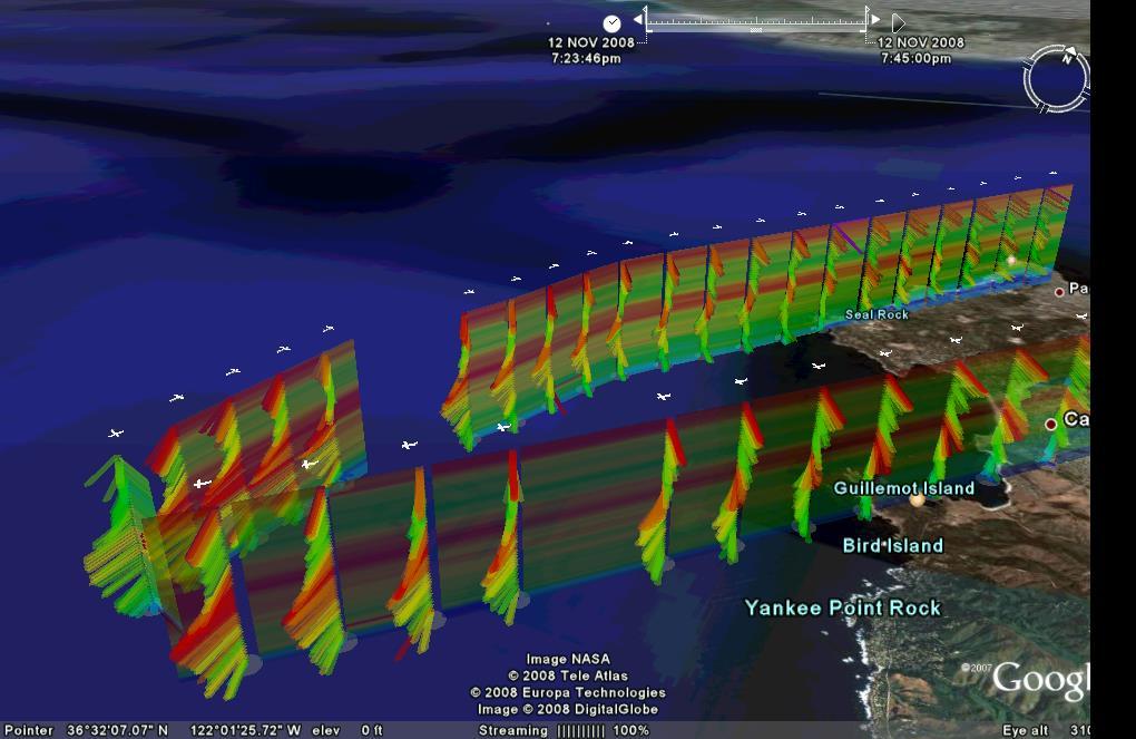 ADLAATS display of lidar wind profiles plotted as wind barbs along a flight track