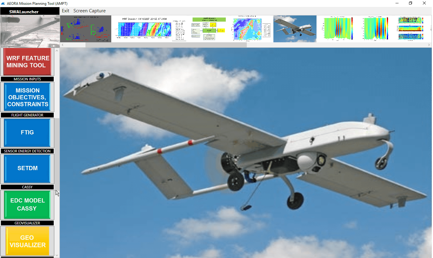 AEORA Mission Planning Tool screen showing simulated UAV flight tracks over a model atmosphere